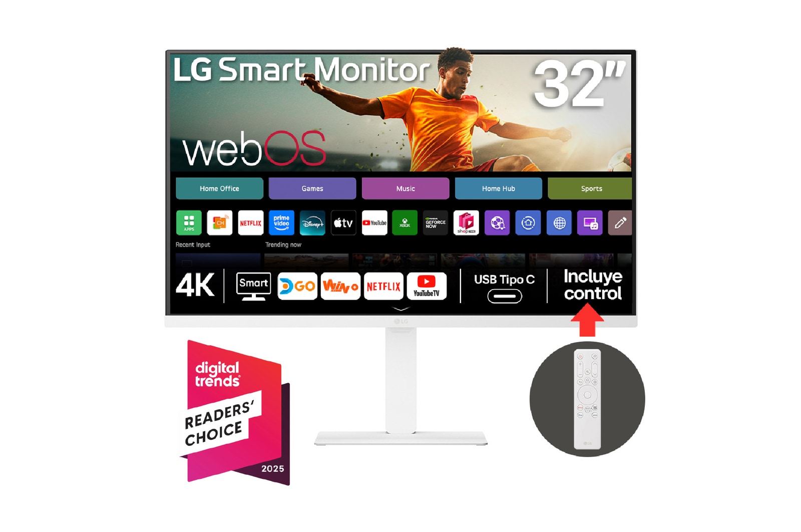 Vista frontal de Monitor LG Smart 4K UHD de 32" con diseño elegante y webOS 32U720SA-W